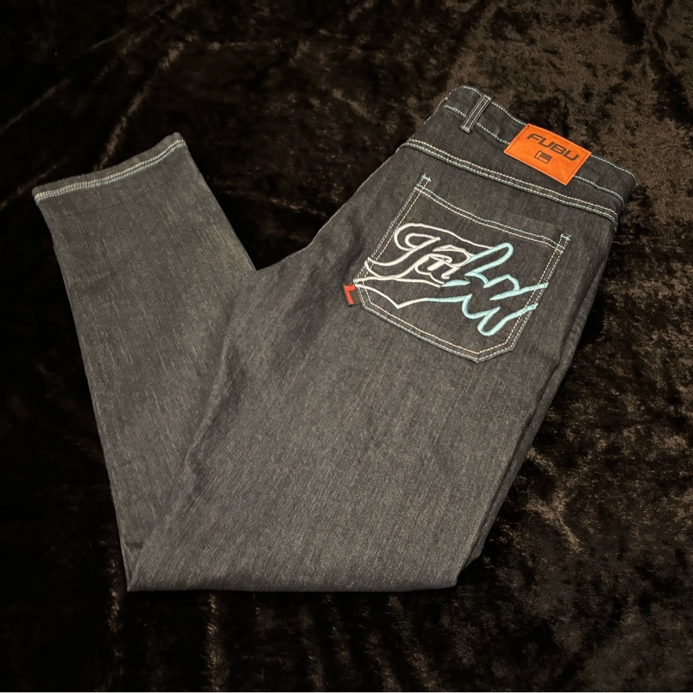 Mens 38x32 Vintage Y2K Fubu Embroidered Denim Baggy Jeans